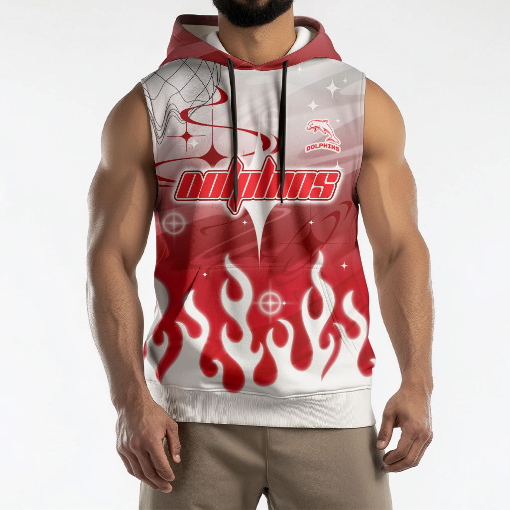 Personalized Dolphins Sleeveless Hoodie Y2K Grunge Aesthetic With Cyber Flames and Starburst Graphics
