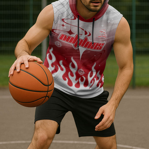 Personalized Dolphins Sleeveless Hoodie Y2K Grunge Aesthetic With Cyber Flames and Starburst Graphics