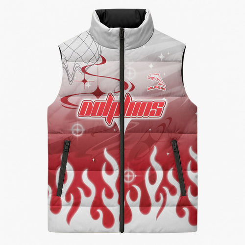 Personalized Dolphins Sleeveless Puffer Jacket Y2K Grunge Aesthetic With Cyber Flames and Starburst Graphics