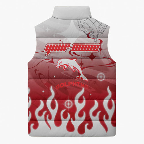 Personalized Dolphins Sleeveless Puffer Jacket Y2K Grunge Aesthetic With Cyber Flames and Starburst Graphics