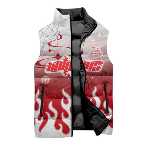 Personalized Dolphins Sleeveless Puffer Jacket Y2K Grunge Aesthetic With Cyber Flames and Starburst Graphics