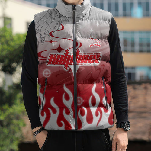 Personalized Dolphins Sleeveless Puffer Jacket Y2K Grunge Aesthetic With Cyber Flames and Starburst Graphics
