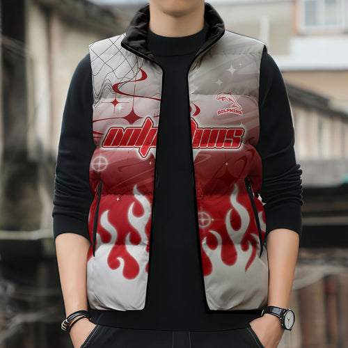 Personalized Dolphins Sleeveless Puffer Jacket Y2K Grunge Aesthetic With Cyber Flames and Starburst Graphics
