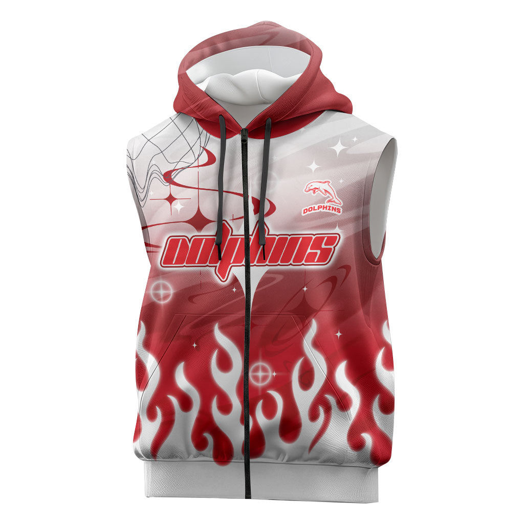 Personalized Dolphins Sleeveless Zip Hoodie Y2K Grunge Aesthetic With Cyber Flames and Starburst Graphics