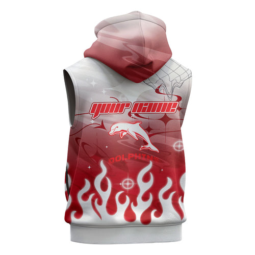 Personalized Dolphins Sleeveless Zip Hoodie Y2K Grunge Aesthetic With Cyber Flames and Starburst Graphics