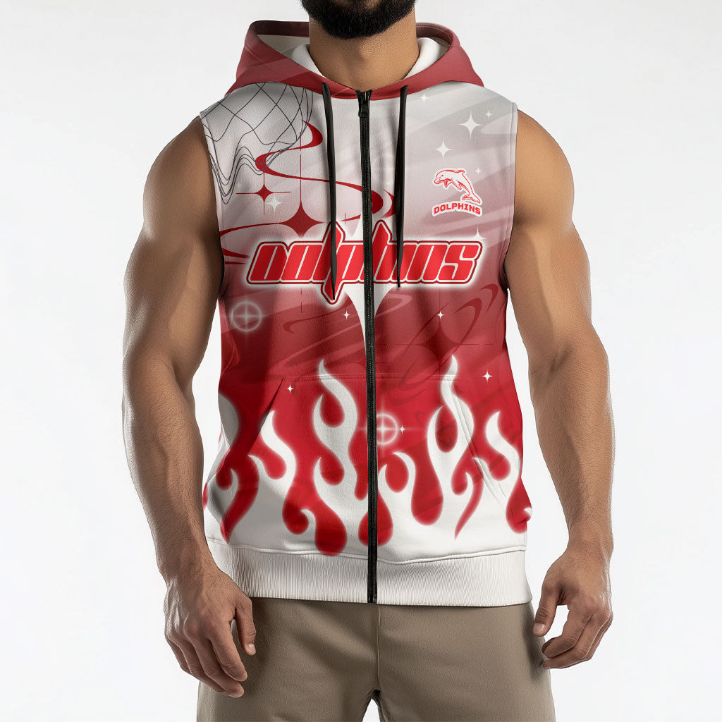 Personalized Dolphins Sleeveless Zip Hoodie Y2K Grunge Aesthetic With Cyber Flames and Starburst Graphics