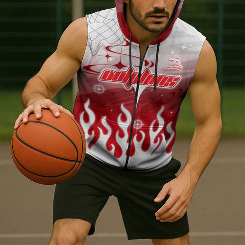 Personalized Dolphins Sleeveless Zip Hoodie Y2K Grunge Aesthetic With Cyber Flames and Starburst Graphics