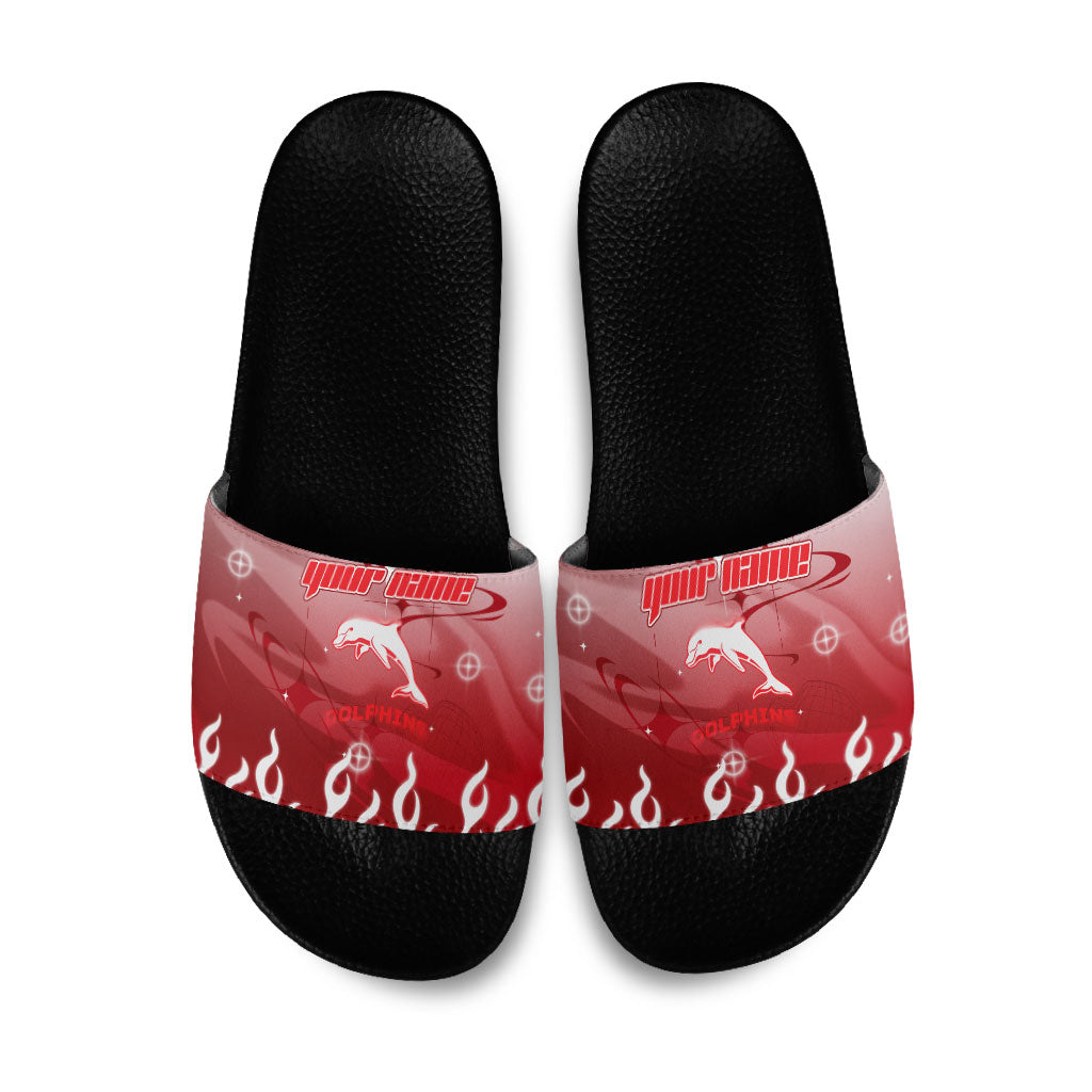 Personalized Dolphins Slide Sandals Y2K Grunge Aesthetic With Cyber Flames and Starburst Graphics