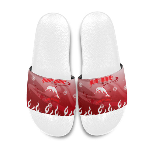 Personalized Dolphins Slide Sandals Y2K Grunge Aesthetic With Cyber Flames and Starburst Graphics