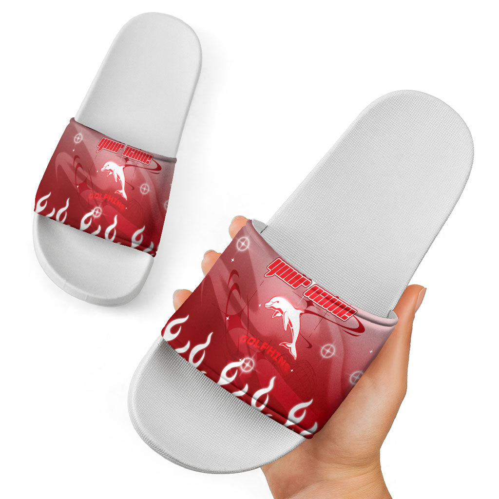 Personalized Dolphins Slide Sandals Y2K Grunge Aesthetic With Cyber Flames and Starburst Graphics