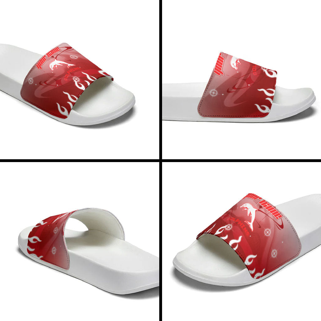 Personalized Dolphins Slide Sandals Y2K Grunge Aesthetic With Cyber Flames and Starburst Graphics
