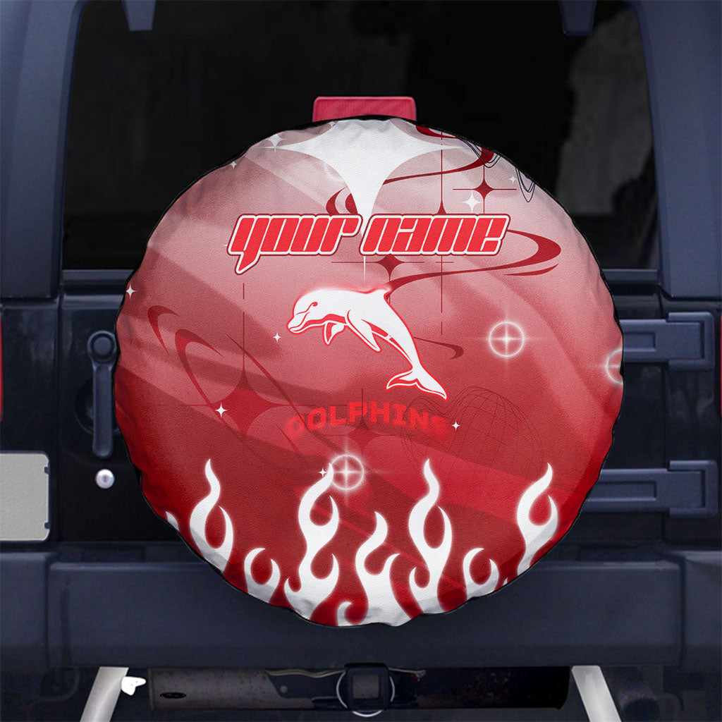 Personalized Dolphins Spare Tire Cover Y2K Grunge Aesthetic With Cyber Flames and Starburst Graphics