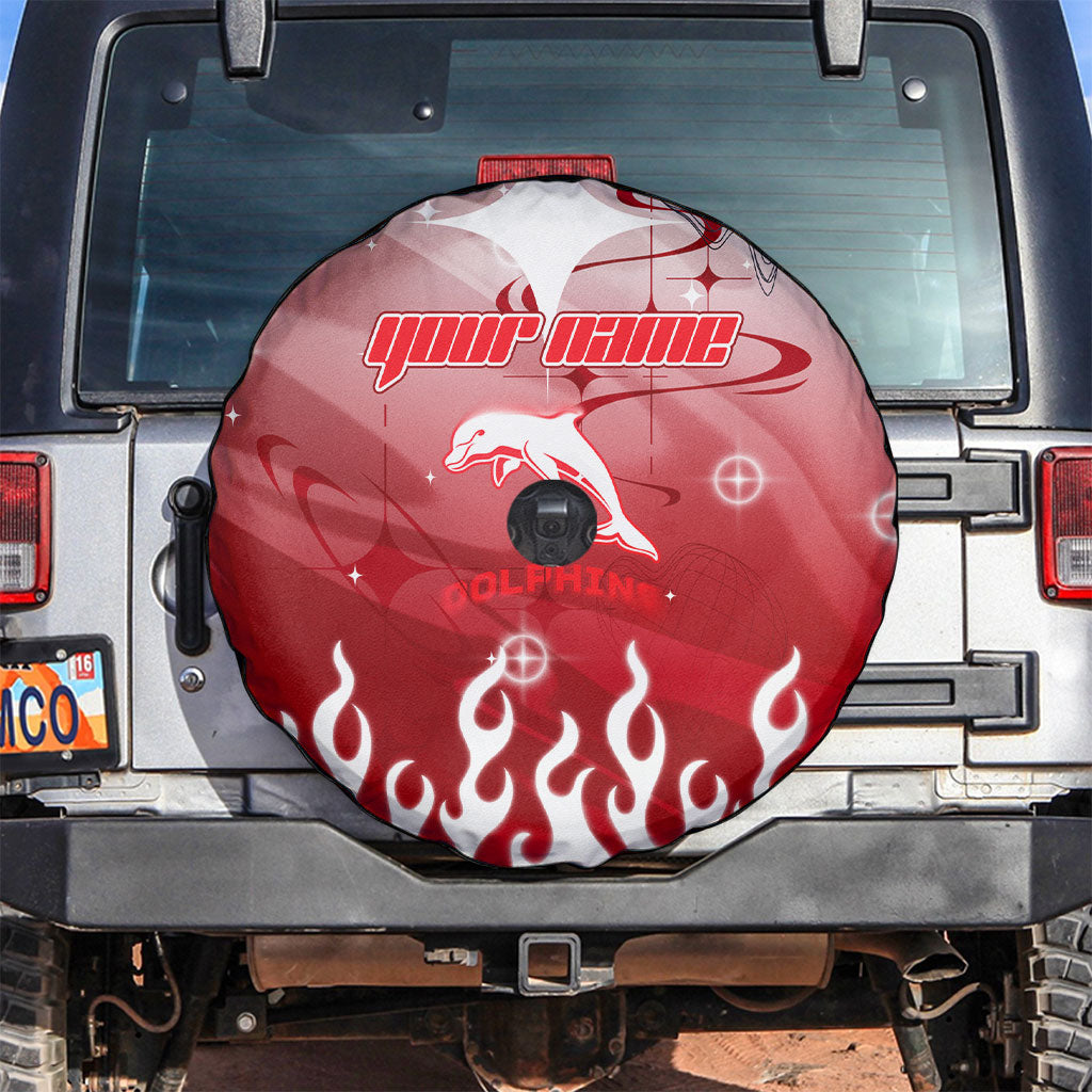 Personalized Dolphins Spare Tire Cover Y2K Grunge Aesthetic With Cyber Flames and Starburst Graphics