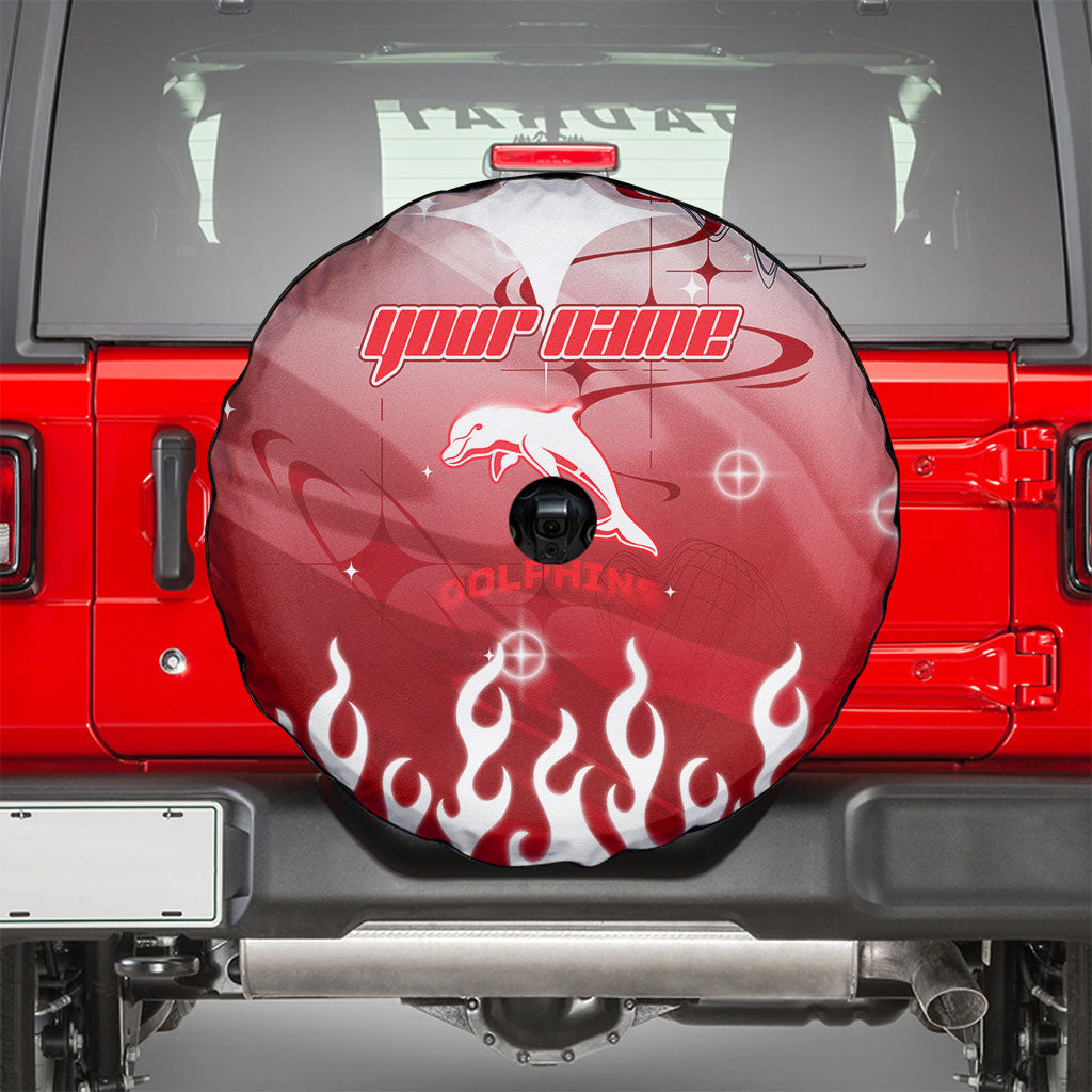 Personalized Dolphins Spare Tire Cover Y2K Grunge Aesthetic With Cyber Flames and Starburst Graphics