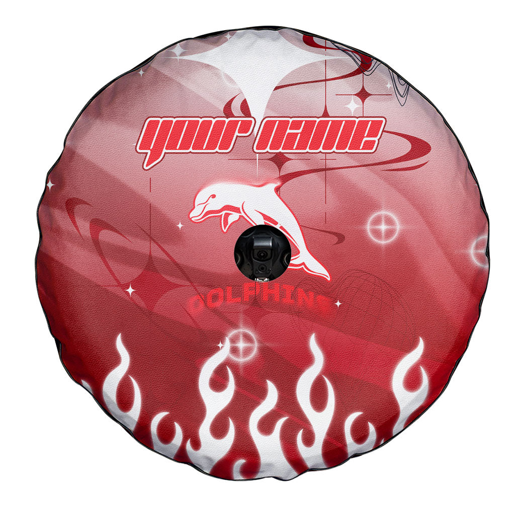 Personalized Dolphins Spare Tire Cover Y2K Grunge Aesthetic With Cyber Flames and Starburst Graphics