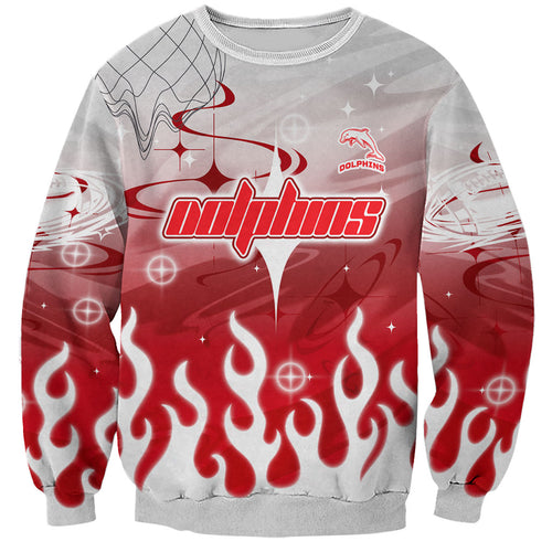 Personalized Dolphins Sweatshirt Y2K Grunge Aesthetic With Cyber Flames and Starburst Graphics