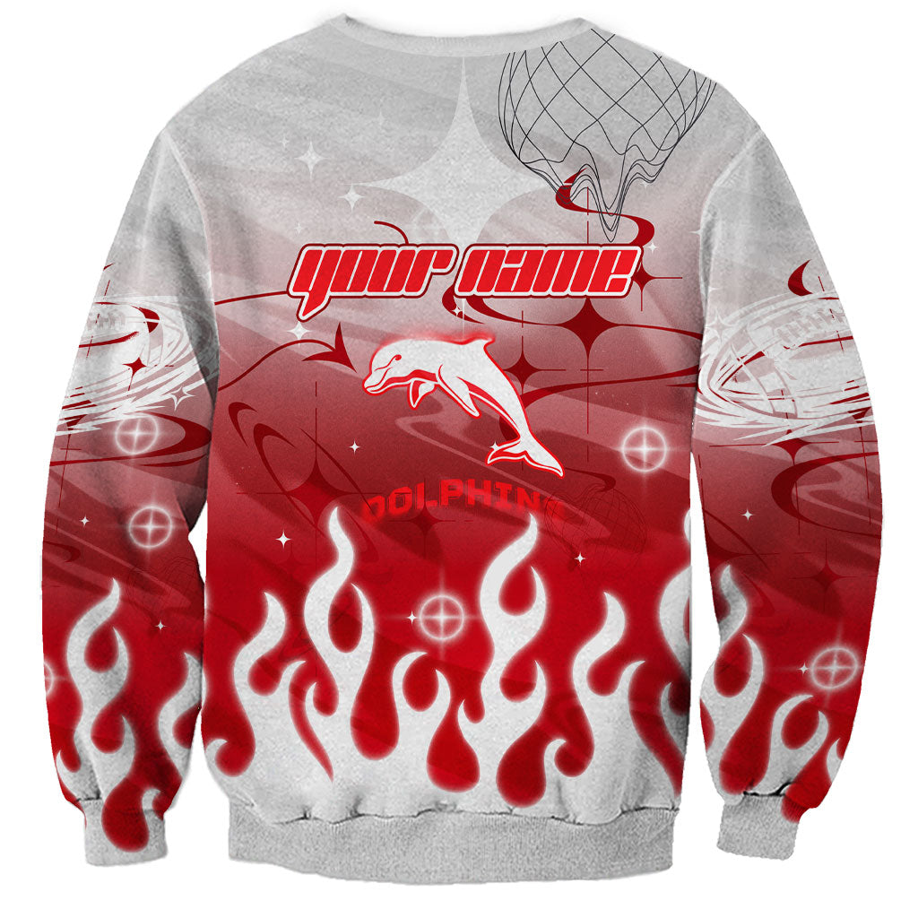 Personalized Dolphins Sweatshirt Y2K Grunge Aesthetic With Cyber Flames and Starburst Graphics
