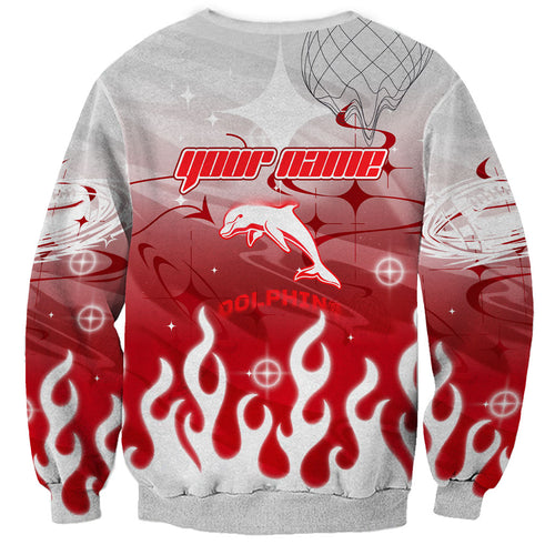 Personalized Dolphins Sweatshirt Y2K Grunge Aesthetic With Cyber Flames and Starburst Graphics