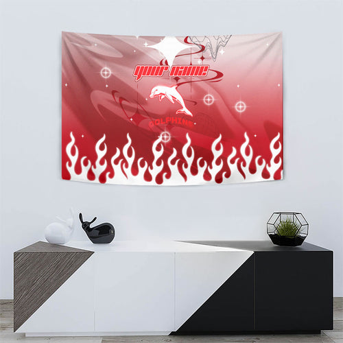 Personalized Dolphins Tapestry Y2K Grunge Aesthetic With Cyber Flames and Starburst Graphics