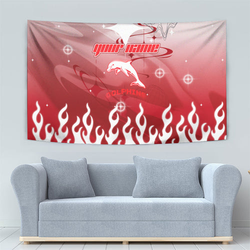 Personalized Dolphins Tapestry Y2K Grunge Aesthetic With Cyber Flames and Starburst Graphics