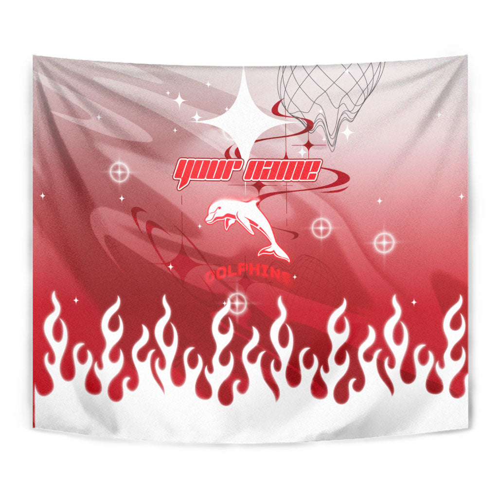 Personalized Dolphins Tapestry Y2K Grunge Aesthetic With Cyber Flames and Starburst Graphics