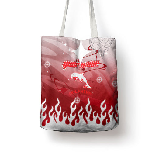 Personalized Dolphins Tote Bag Y2K Grunge Aesthetic With Cyber Flames and Starburst Graphics