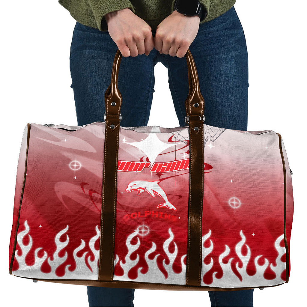 Personalized Dolphins Travel Bag Y2K Grunge Aesthetic With Cyber Flames and Starburst Graphics
