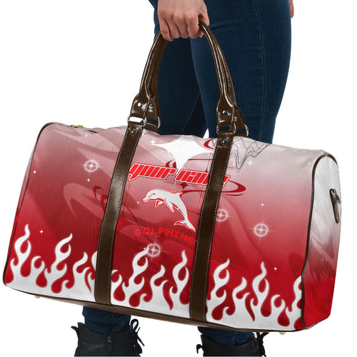 Personalized Dolphins Travel Bag Y2K Grunge Aesthetic With Cyber Flames and Starburst Graphics