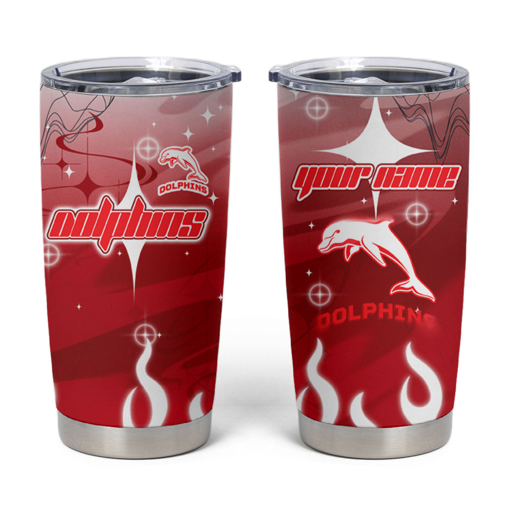 Personalized Dolphins Tumbler Cup Y2K Grunge Aesthetic With Cyber Flames and Starburst Graphics