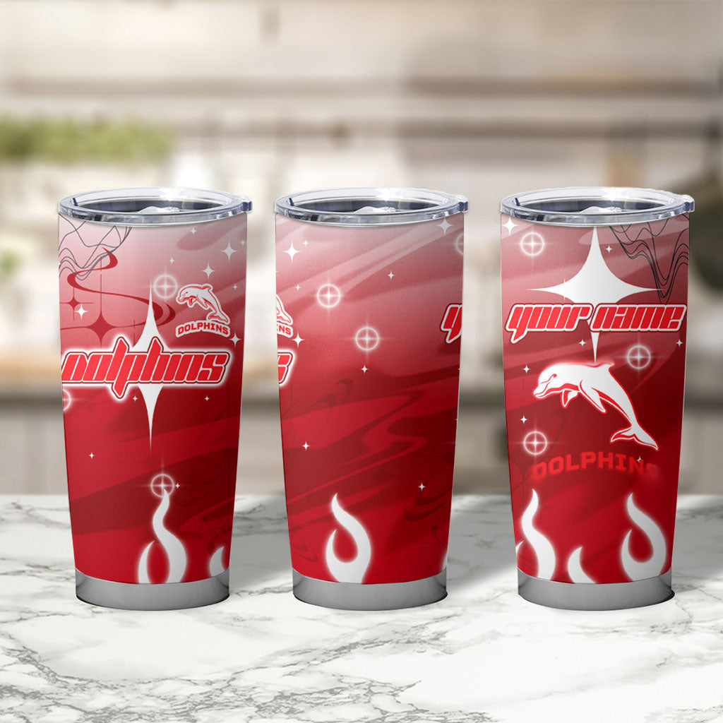 Personalized Dolphins Tumbler Cup Y2K Grunge Aesthetic With Cyber Flames and Starburst Graphics