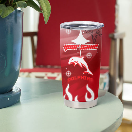 Personalized Dolphins Tumbler Cup Y2K Grunge Aesthetic With Cyber Flames and Starburst Graphics