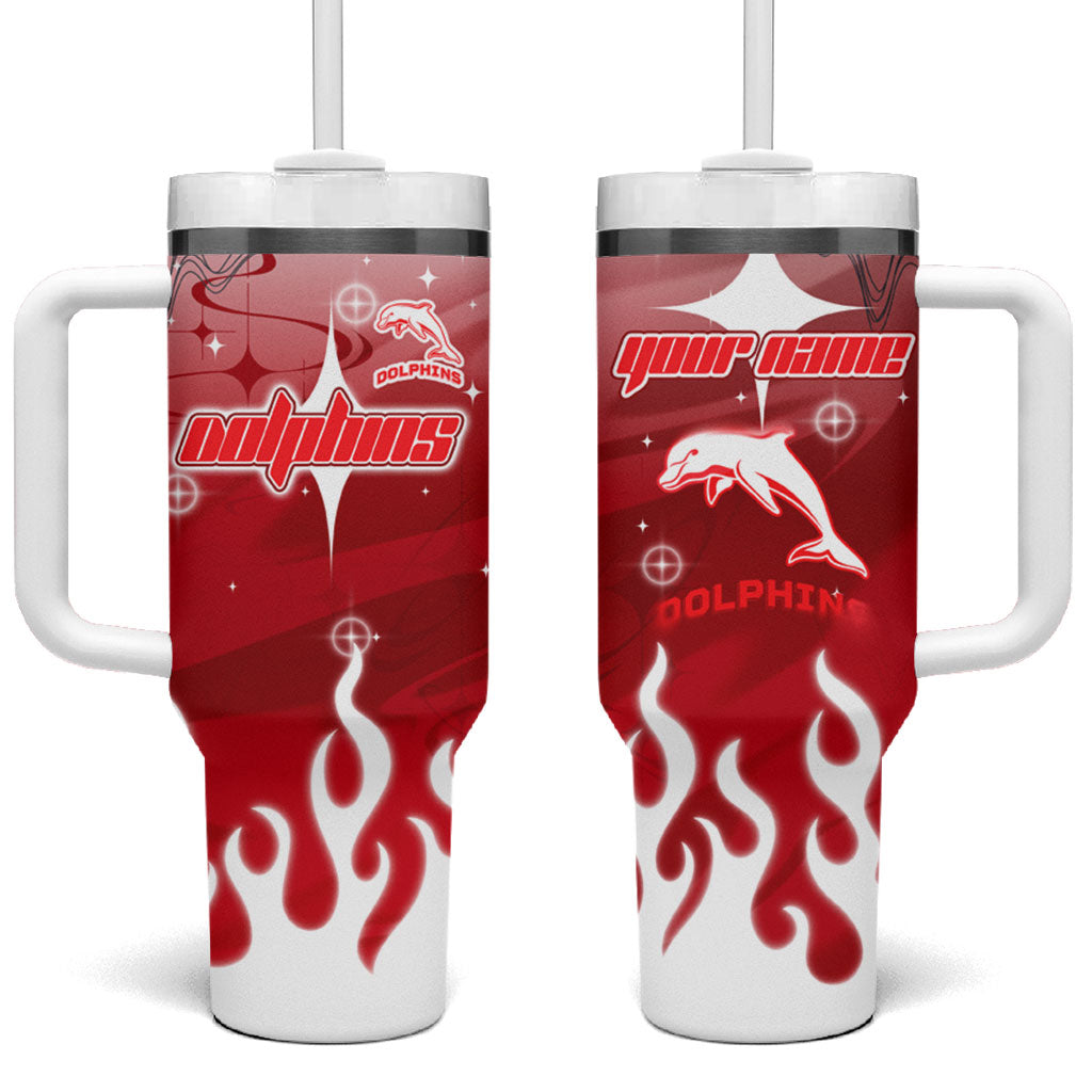 Personalized Dolphins Tumbler With Handle Y2K Grunge Aesthetic With Cyber Flames and Starburst Graphics
