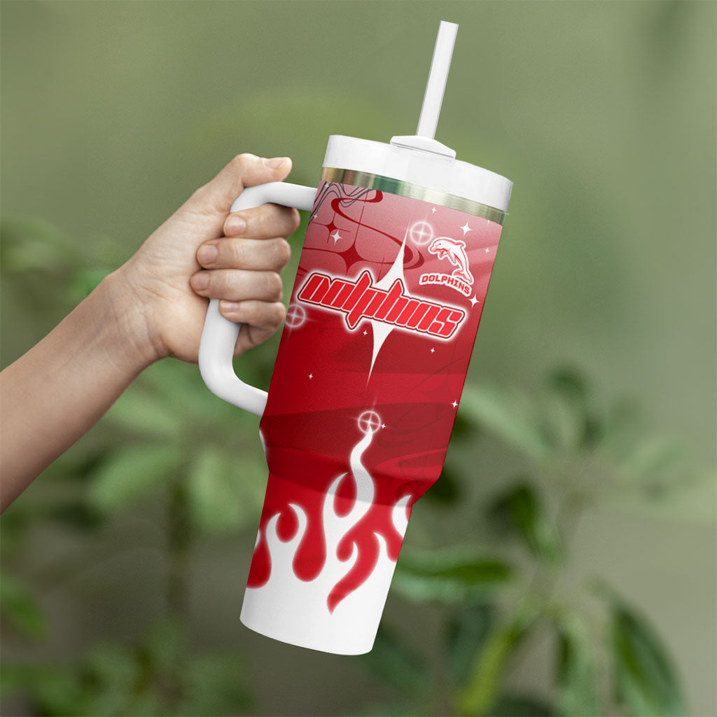 Personalized Dolphins Tumbler With Handle Y2K Grunge Aesthetic With Cyber Flames and Starburst Graphics
