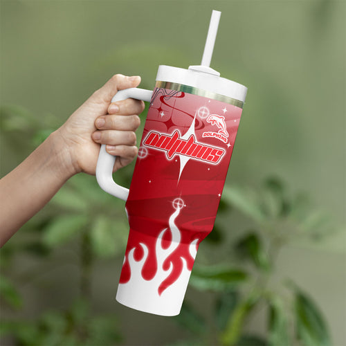 Personalized Dolphins Tumbler With Handle Y2K Grunge Aesthetic With Cyber Flames and Starburst Graphics