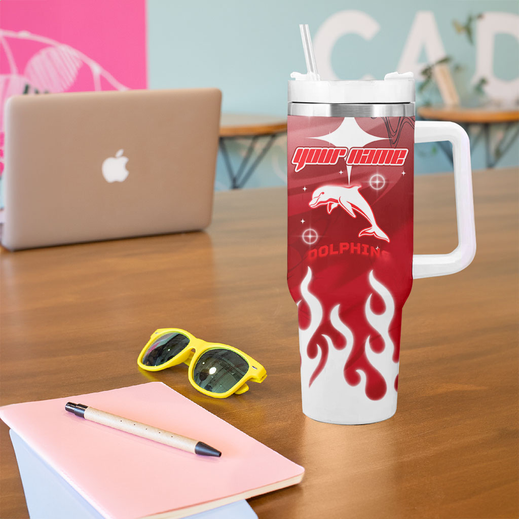 Personalized Dolphins Tumbler With Handle Y2K Grunge Aesthetic With Cyber Flames and Starburst Graphics