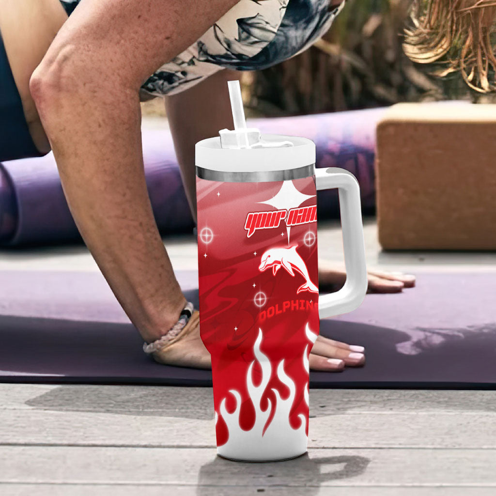 Personalized Dolphins Tumbler With Handle Y2K Grunge Aesthetic With Cyber Flames and Starburst Graphics