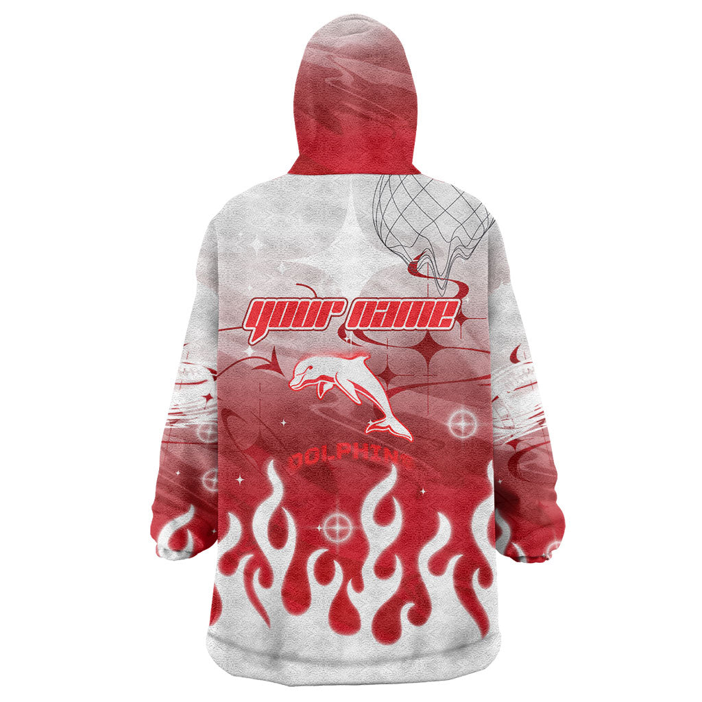 Personalized Dolphins Wearable Blanket Hoodie Y2K Grunge Aesthetic With Cyber Flames and Starburst Graphics