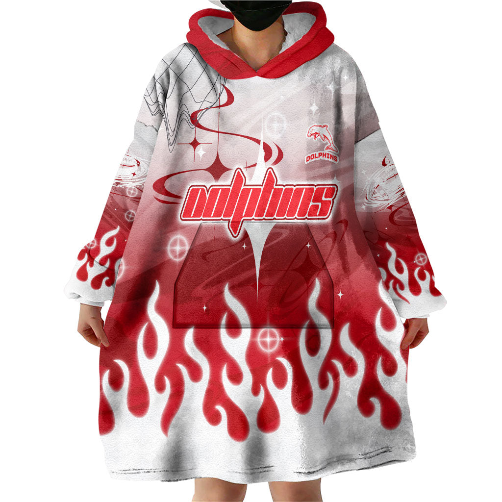 Personalized Dolphins Wearable Blanket Hoodie Y2K Grunge Aesthetic With Cyber Flames and Starburst Graphics