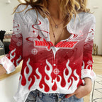 Personalized Dolphins Women Casual Shirt Y2K Grunge Aesthetic With Cyber Flames and Starburst Graphics
