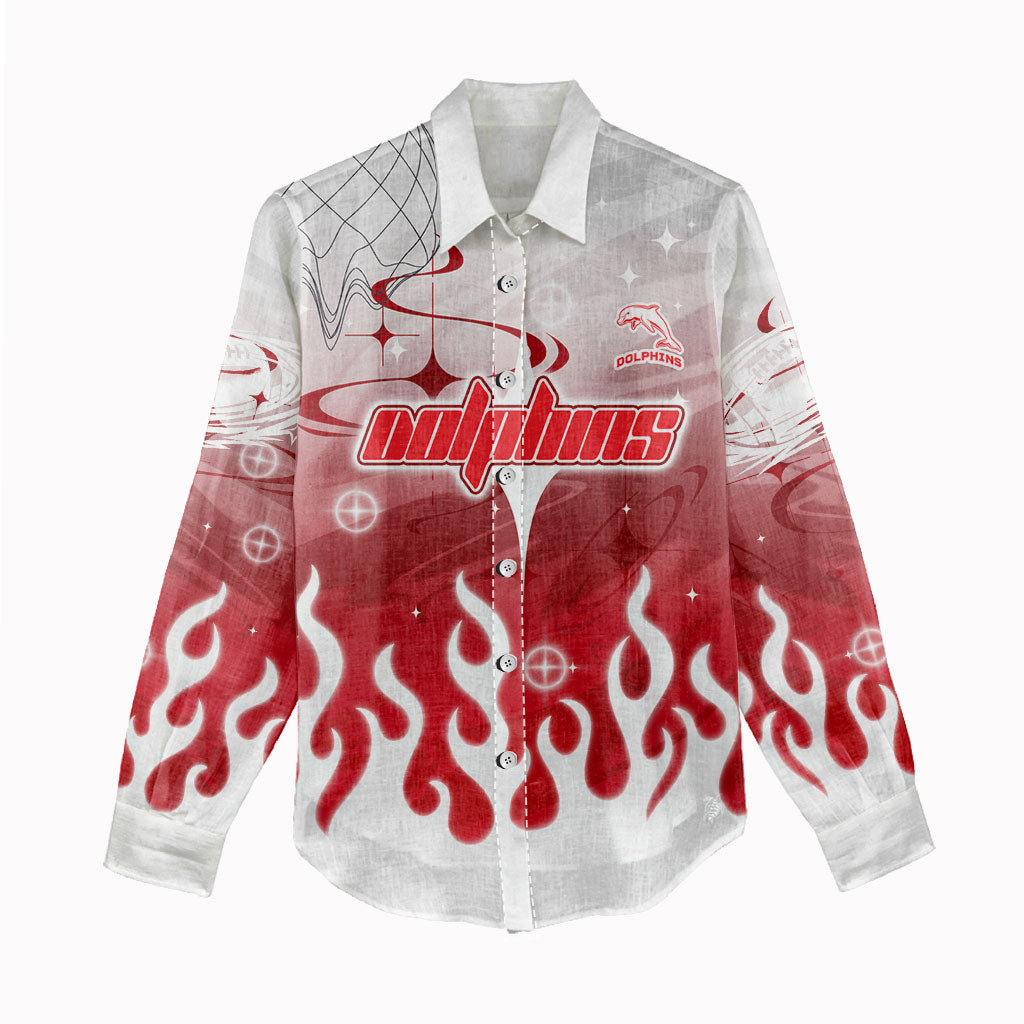 Personalized Dolphins Women Casual Shirt Y2K Grunge Aesthetic With Cyber Flames and Starburst Graphics