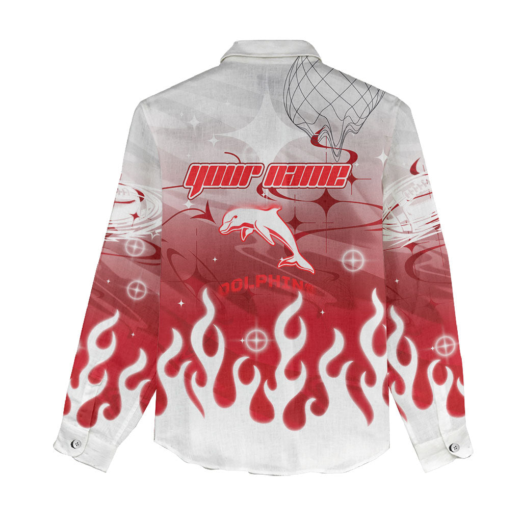 Personalized Dolphins Women Casual Shirt Y2K Grunge Aesthetic With Cyber Flames and Starburst Graphics