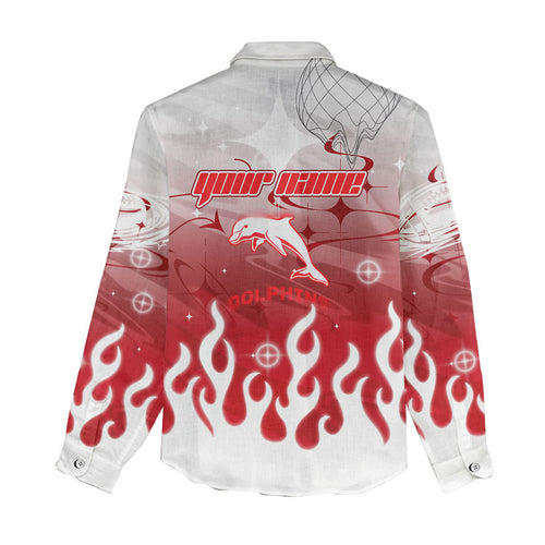Personalized Dolphins Women Casual Shirt Y2K Grunge Aesthetic With Cyber Flames and Starburst Graphics