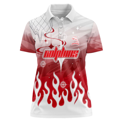Personalized Dolphins Women Polo Shirt Y2K Grunge Aesthetic With Cyber Flames and Starburst Graphics