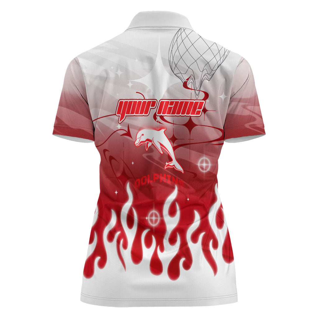 Personalized Dolphins Women Polo Shirt Y2K Grunge Aesthetic With Cyber Flames and Starburst Graphics