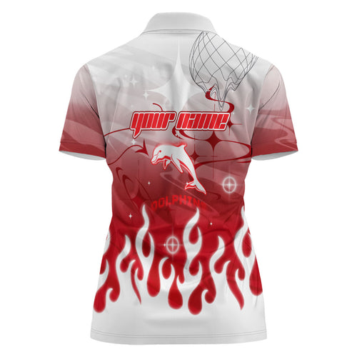 Personalized Dolphins Women Polo Shirt Y2K Grunge Aesthetic With Cyber Flames and Starburst Graphics