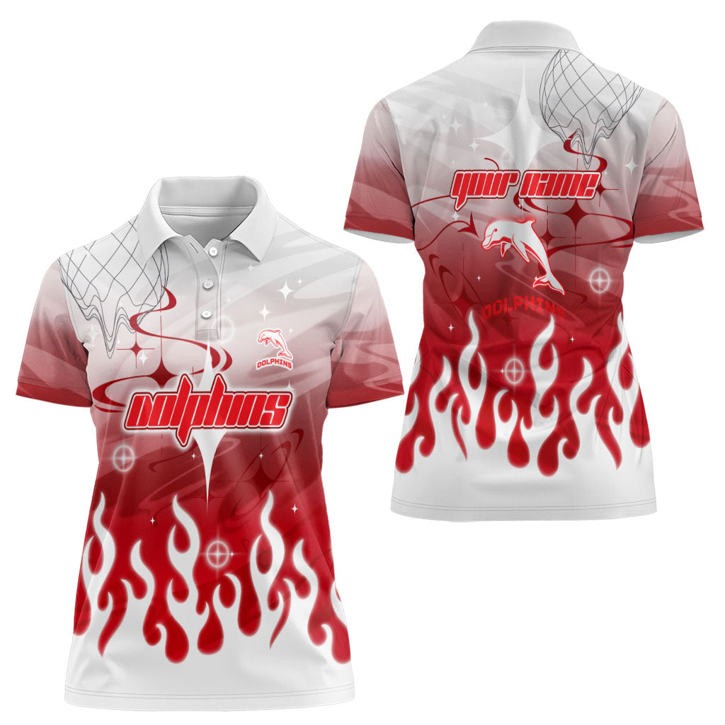 Personalized Dolphins Women Polo Shirt Y2K Grunge Aesthetic With Cyber Flames and Starburst Graphics