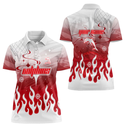 Personalized Dolphins Women Polo Shirt Y2K Grunge Aesthetic With Cyber Flames and Starburst Graphics