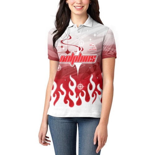 Personalized Dolphins Women Polo Shirt Y2K Grunge Aesthetic With Cyber Flames and Starburst Graphics