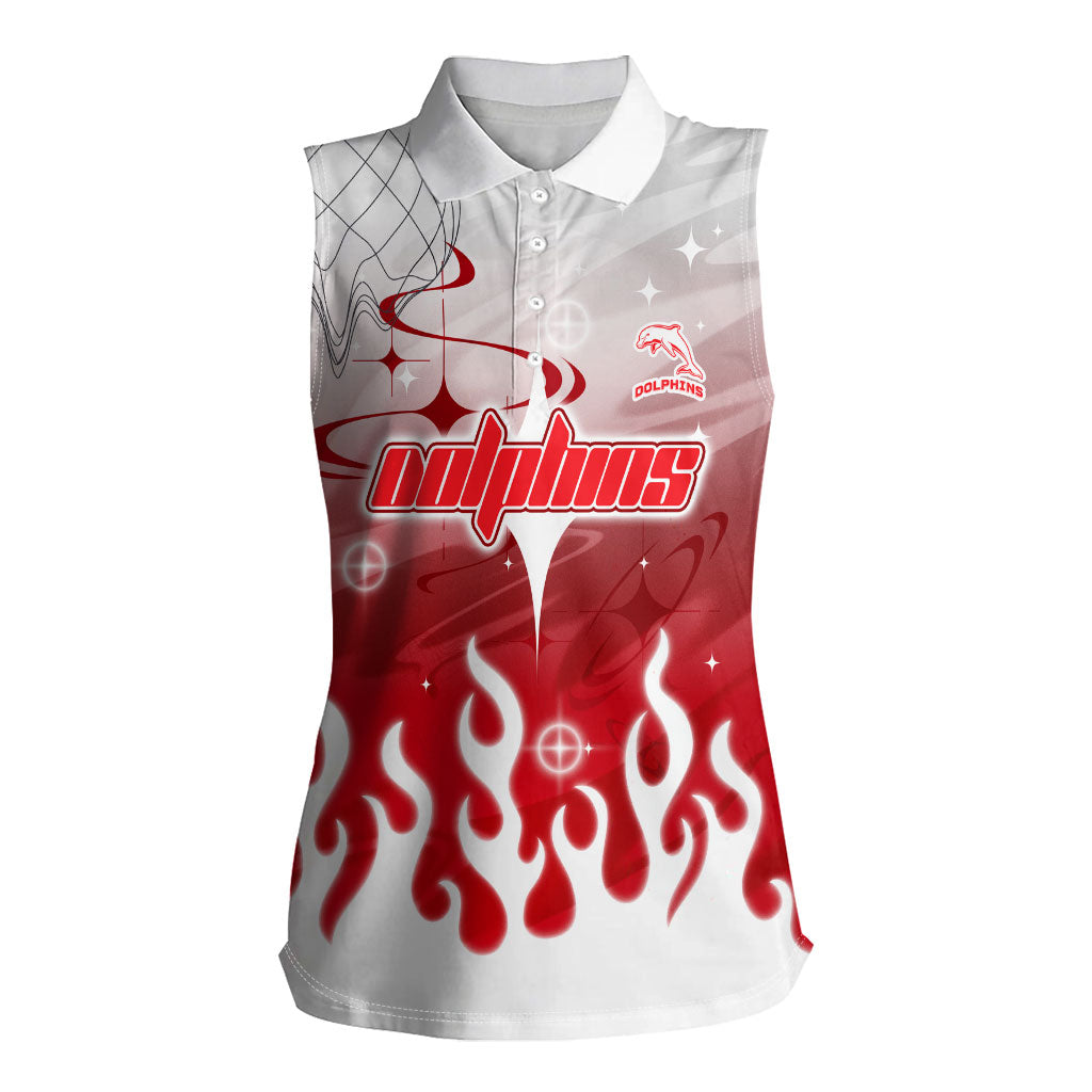 Personalized Dolphins Women Sleeveless Polo Shirt Y2K Grunge Aesthetic With Cyber Flames and Starburst Graphics