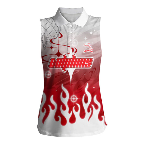 Personalized Dolphins Women Sleeveless Polo Shirt Y2K Grunge Aesthetic With Cyber Flames and Starburst Graphics